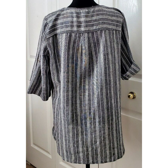 NWT Anne Klein Women's White Gray Linen Tunic 1/4 Zip Roll Tab Sleeve Top Sz M - Picture 3 of 8